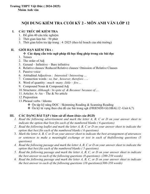 Đề cương ôn tập Học kì 2 Tiếng Anh 12 năm 2024–2025 trường THPT Việt Đức (Hà Nội)